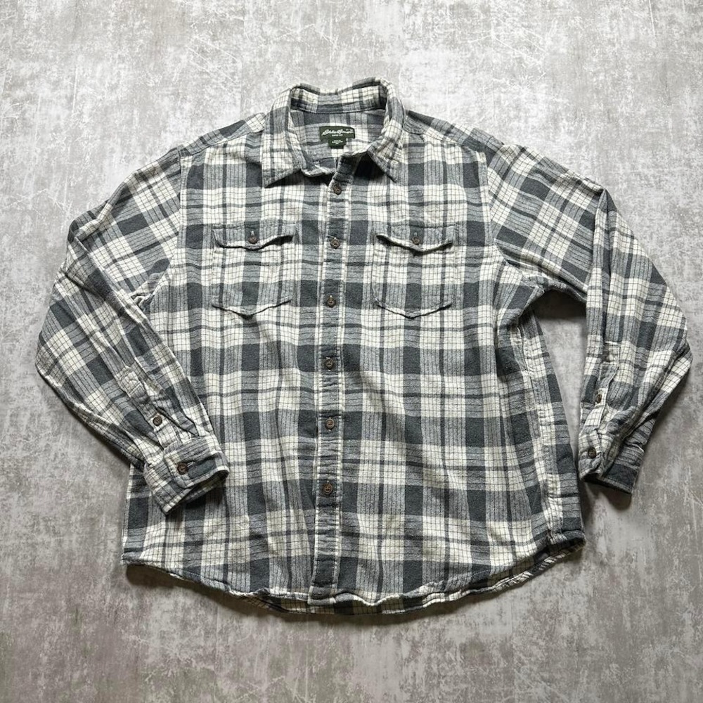 Eddie Bauer Flannel Shirt Mens XL Gray White Plaid Cotton Button Down Sleeve